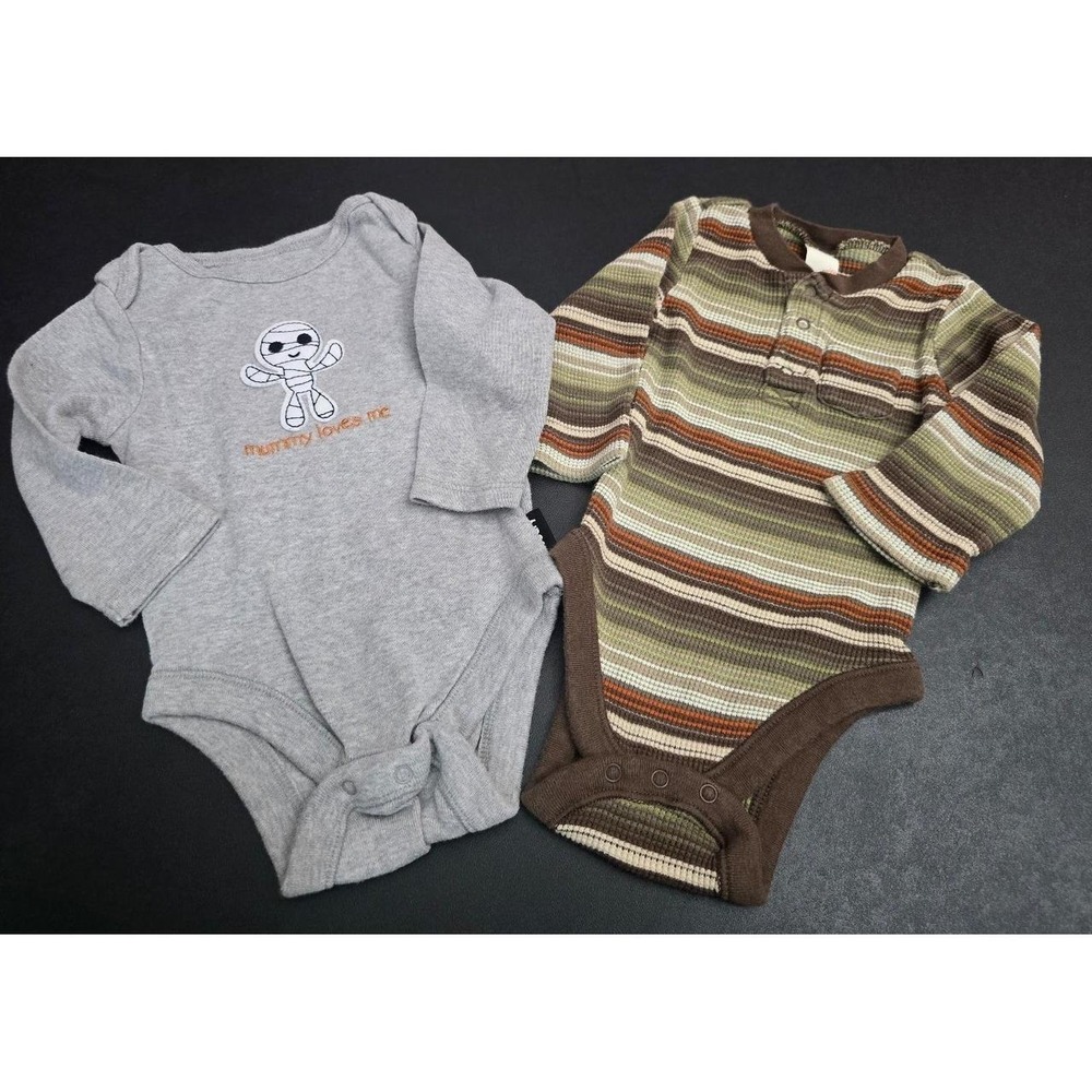 Baby Boys Long Sleeve Bodysuit Set 2-Pack Gray Mummy Striped Henley 3-6 Months